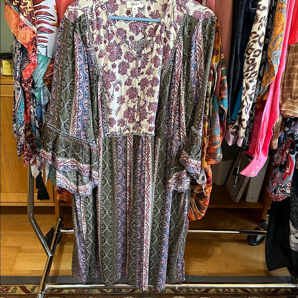 Boho Floral Patchwork Dress - Olive & Mauve - Picture 2 of 5